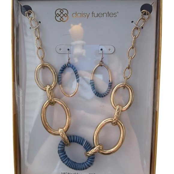 Daisy Fuentes Gold & Blue Link Necklace With Matching Dangle Earrings Set - Picture 1 of 4